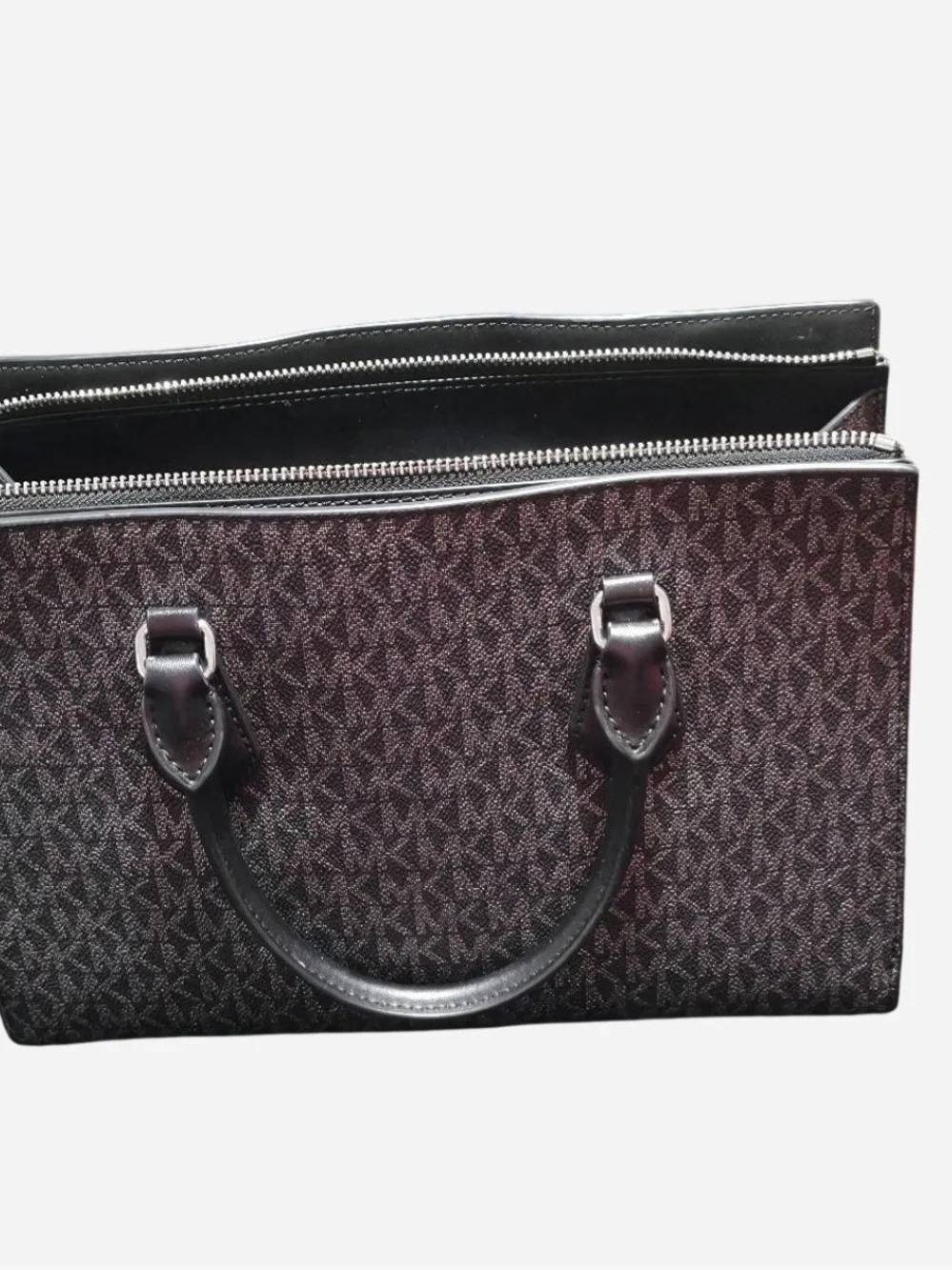 Michael Kors Black and Silver Monogram Sheila medium Bag with center Stripe
